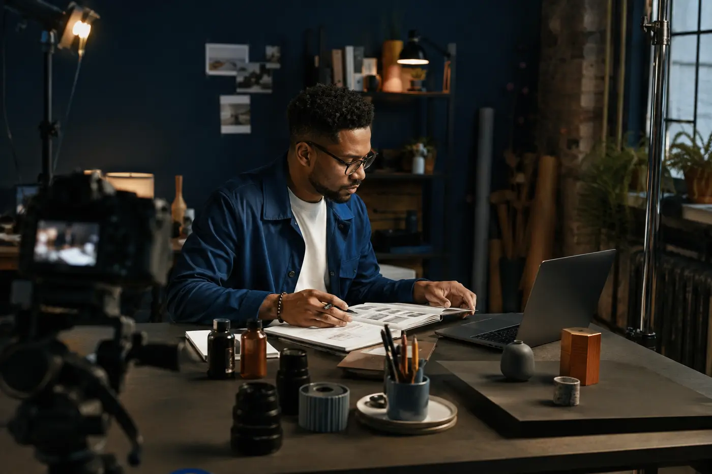 A creator reviewing a visual plan at a working studio table