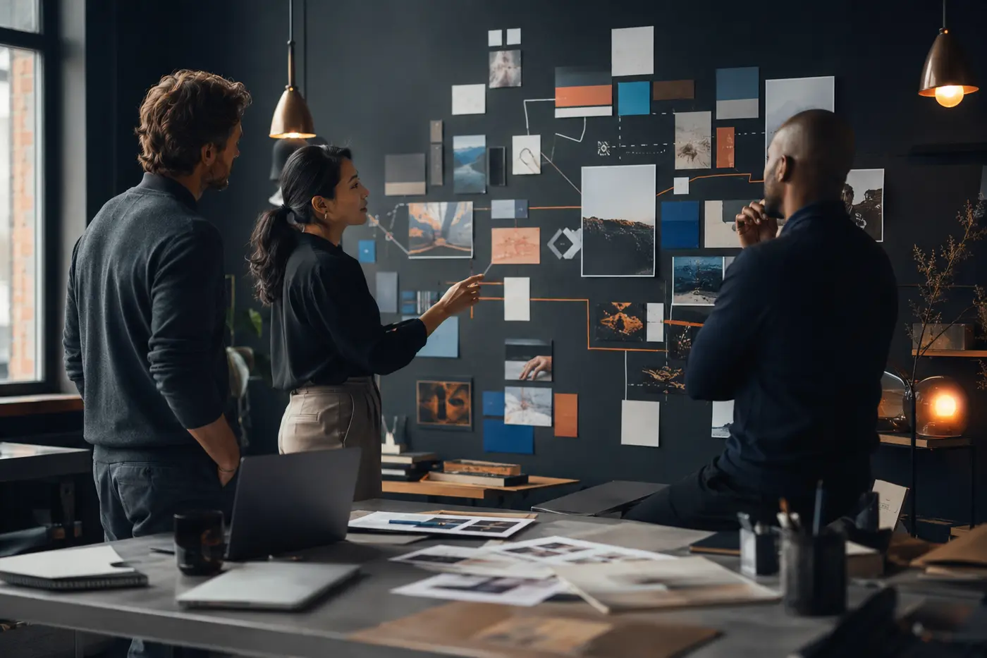 A creative business team reviewing an image and strategy board